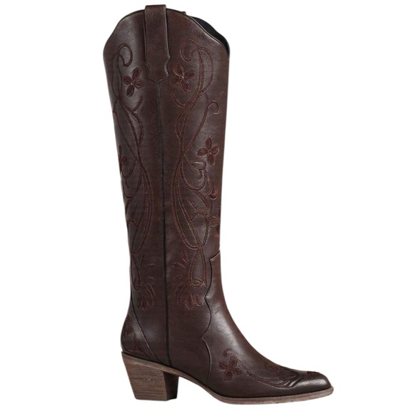 Wide Calf Friendly Embroidered Brown Knee High Western Cowgirl Pointed Toe Boots - Picture 3 of 5